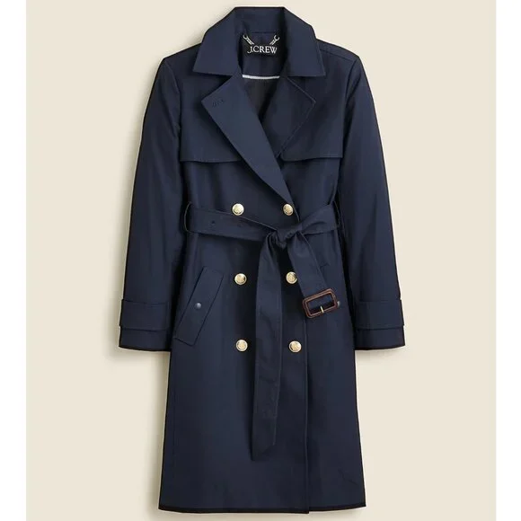 J. Crew Navy Icon Double-Breasted Belted Hooded Cotton Petite Trench Coat SZ 2P - Picture 13 of 13